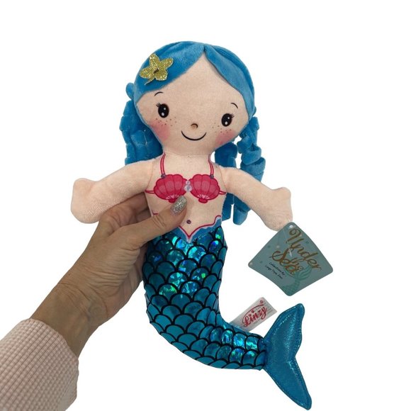 Linzy Toys Mermaid Doll 14” Blue Hair Tail Pink Bikini Shells Gold Starfish - Picture 3 of 13